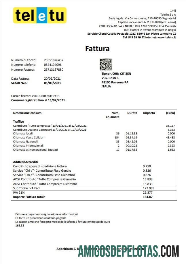 realista Modelo de conta de serviços públicos TeleTu da Itália em formato Word e PDF